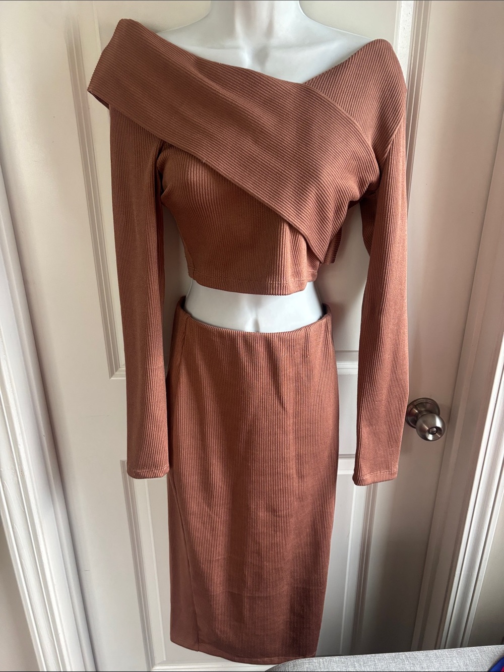 Ribbed Off-Shoulder Sweater & Midi Skirt - Rust Set